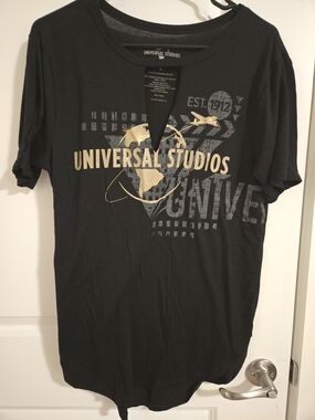 Universal Black Short Sleeve Graphic T-Shirt with Gold Logo